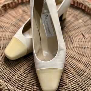 Etienne Aigner Strada Cream Leather Yellow Patent Leather Cap Toe Heeled Pump